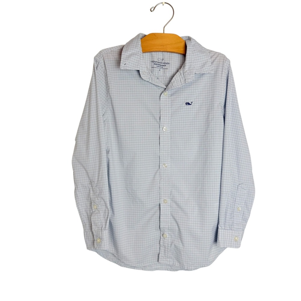 Vineyard Vines Boys Performance Whale Shirt Blue White Grid Button Down Size 7